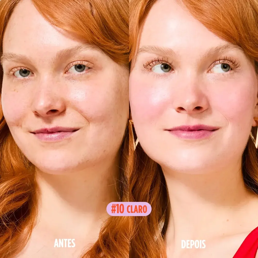 Comparação antes e depois do uso do protetor solar com cor no tom 10