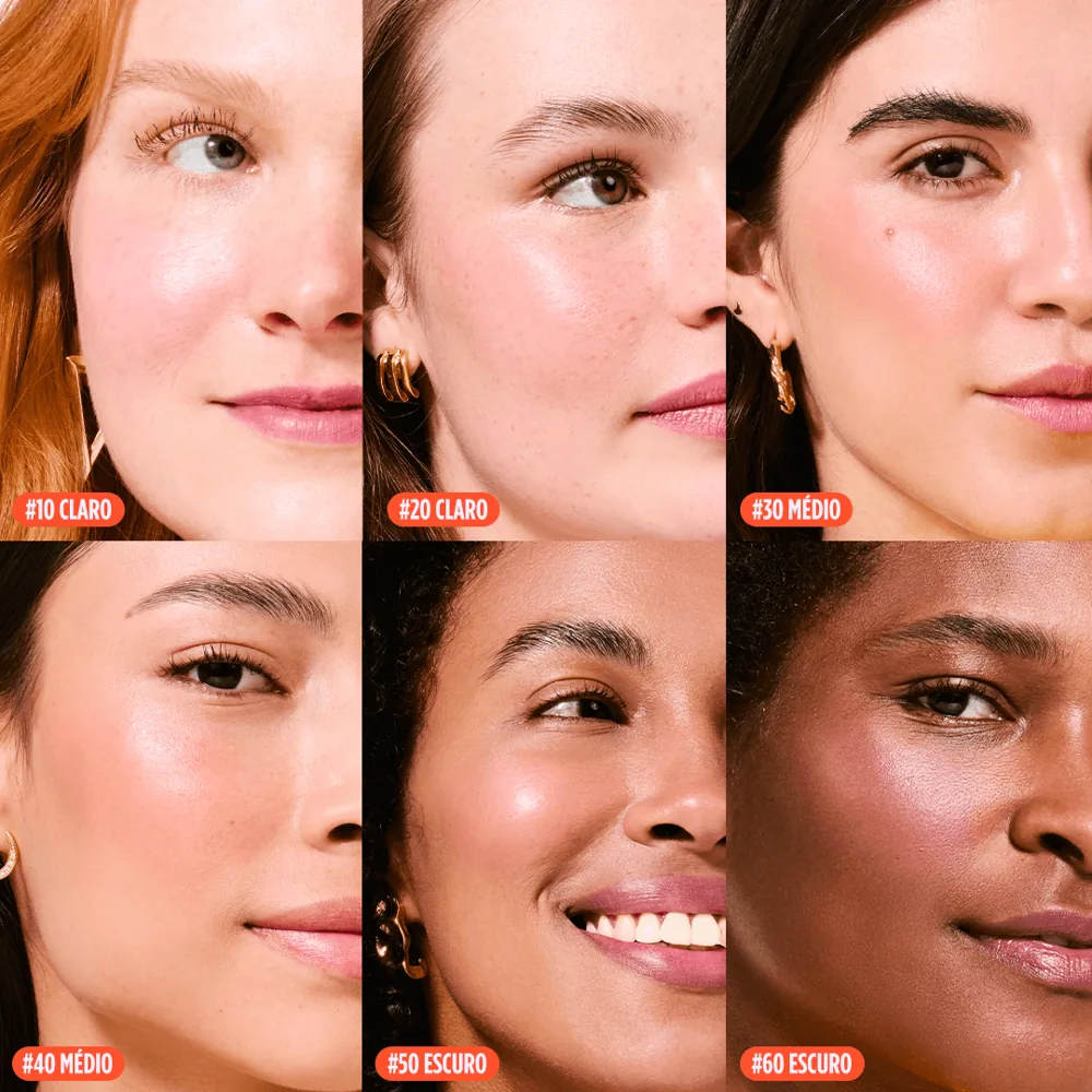 Seis modelos com tons de pele diferentes usando o protetor solar em bastão com cor